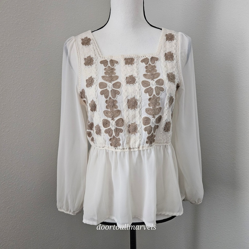 La Seine Embroidered Peasant Top Chiffon Crochet Bishop Sleeve sz XS/S Boho